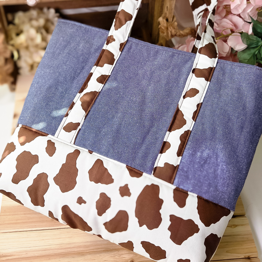 Western Chic Denim & Cow Print Tote Bag