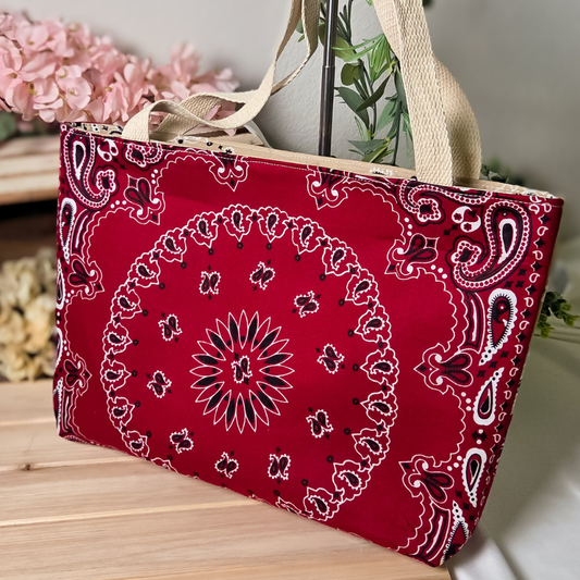 Red & Beige PatchWork Bandana Split Tote Bag