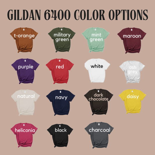 Display of Gildan 6400 t-shirts in various colors on a beige background
