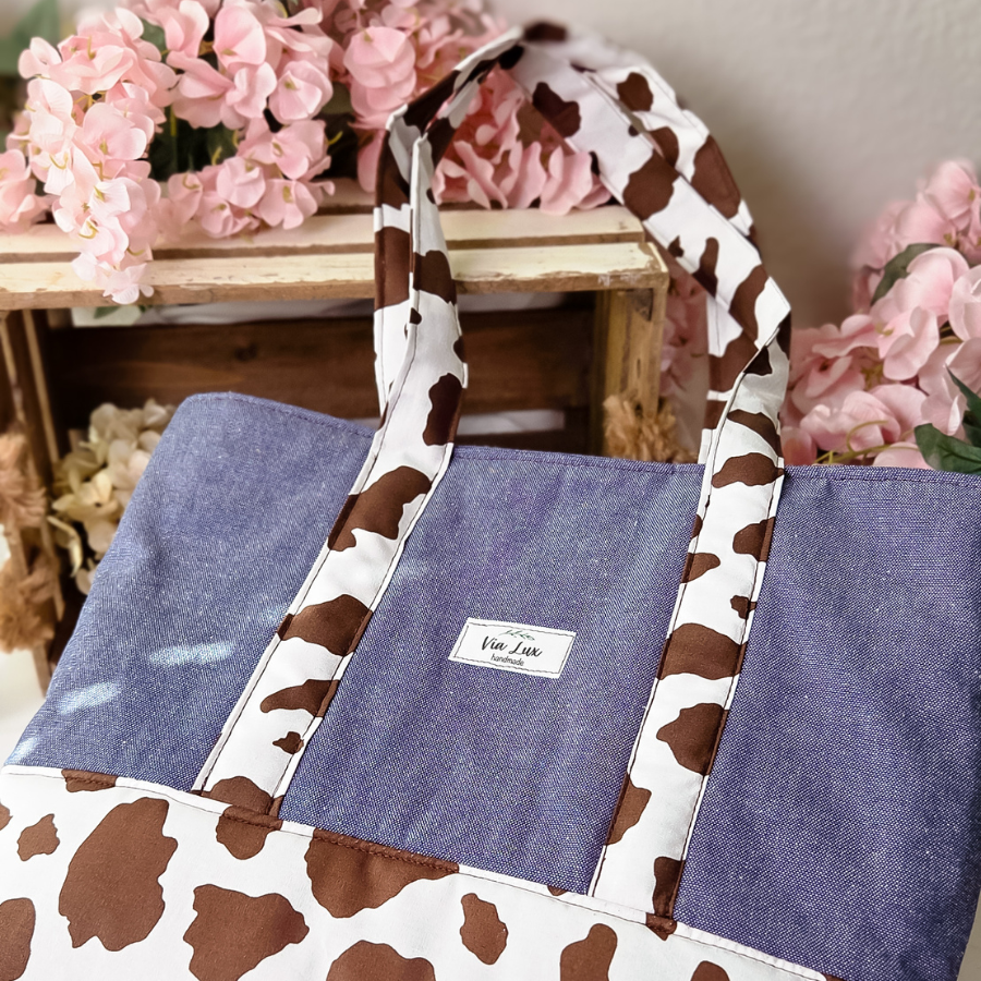 Western Chic Denim & Cow Print Tote Bag