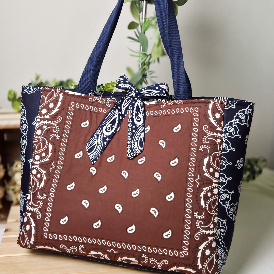 Brown & Navy Blue Bandana Tote Bag