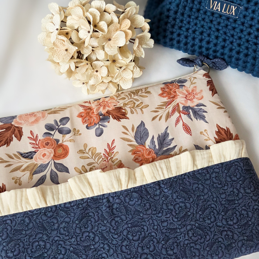Floral Blue and Beige Ruffle Laptop Sleeve Case