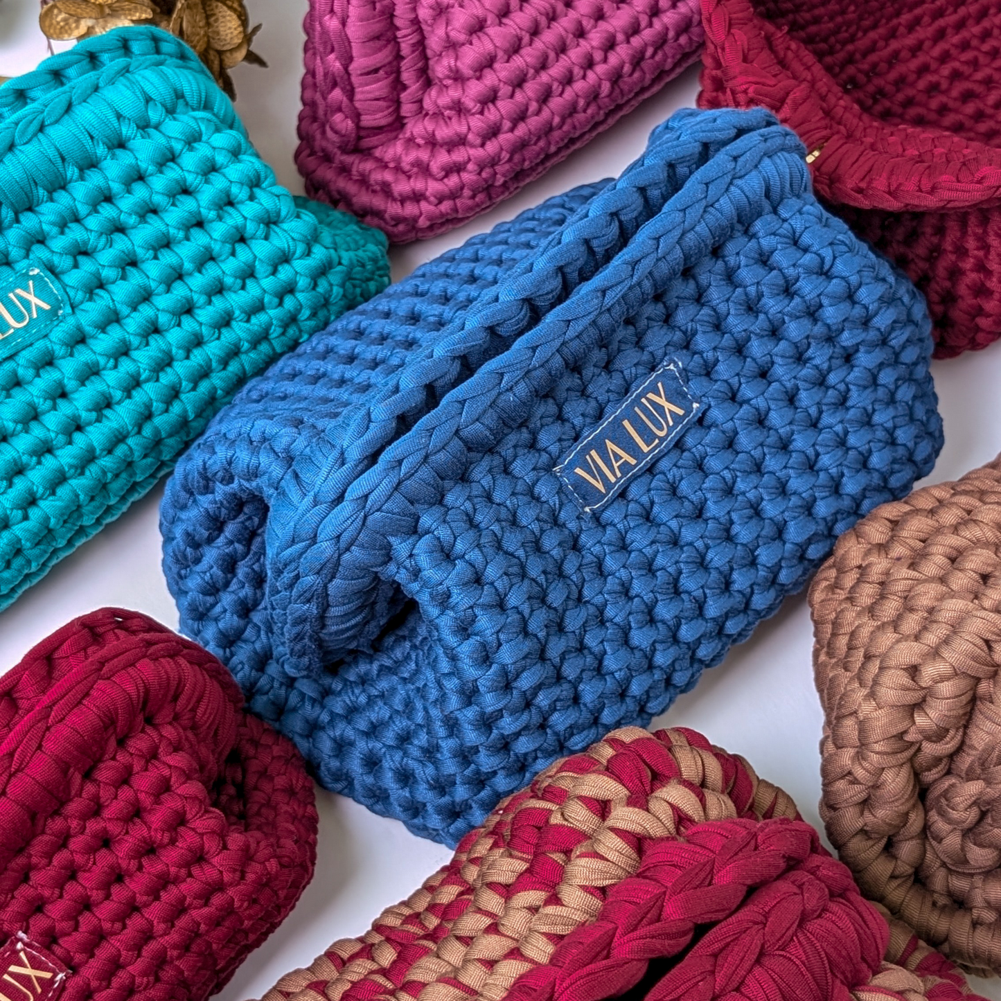 Denim Blue Crochet Cosmetic Bag