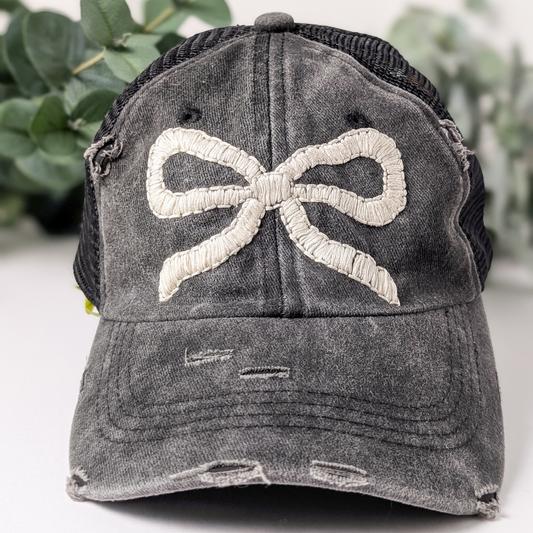 Black Denim Vintage Coquette Bow Hand Embroidered Mesh Hat