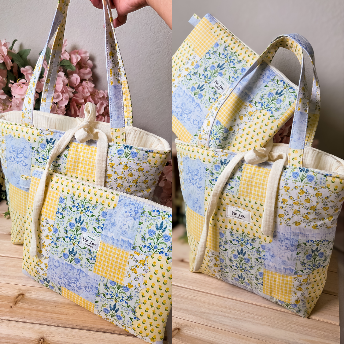 Yellow Spring Tote Bag with Coordinating Zippered Pouch