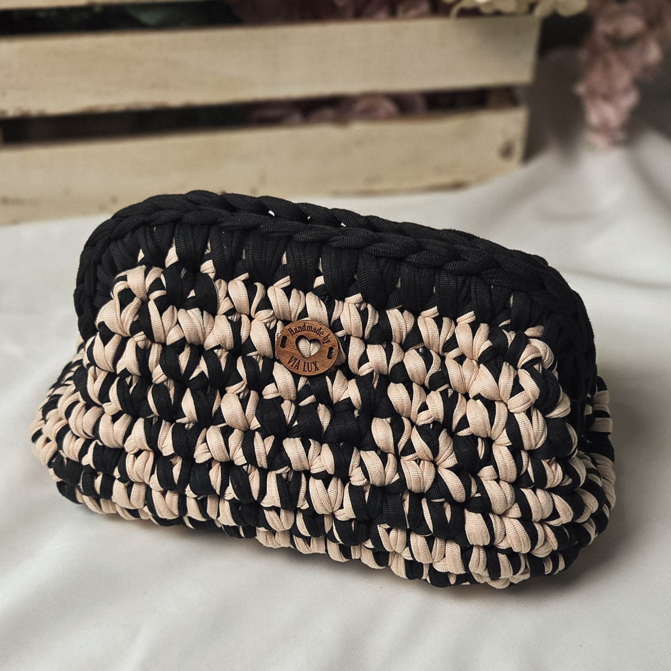 Black & Beige Store Everything Amelia Crochet Clutch Bag