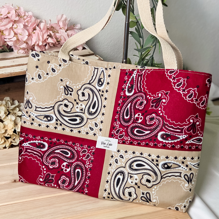 Red & Beige PatchWork Bandana Split Tote Bag