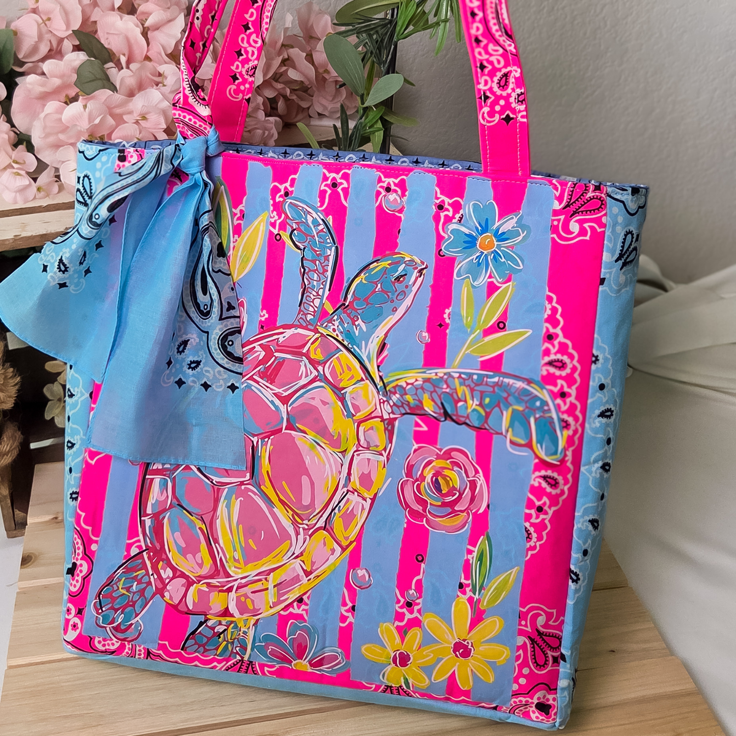 Summer Sea Turtle Floral Bandana Tote Bag