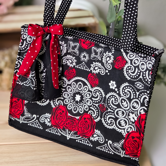 Red, Floral, Black & White Polka Dots Bandana Tote Bag