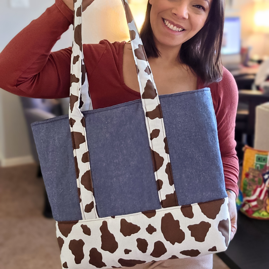 Western Chic Denim & Cow Print Tote Bag