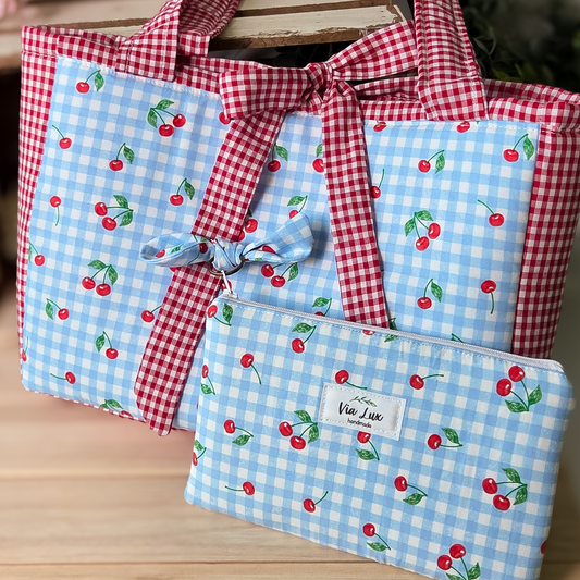 Cherry Gingham Bandana Tote & Matching Zippered Pouch Set