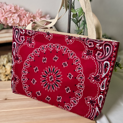 Red & Beige PatchWork Bandana Split Tote Bag