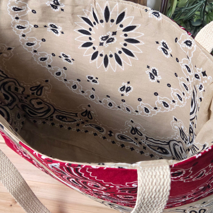 Red & Beige PatchWork Bandana Split Tote Bag