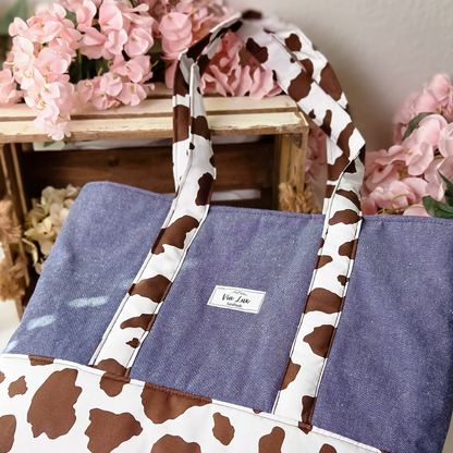 Western Chic Denim & Cow Print Tote Bag