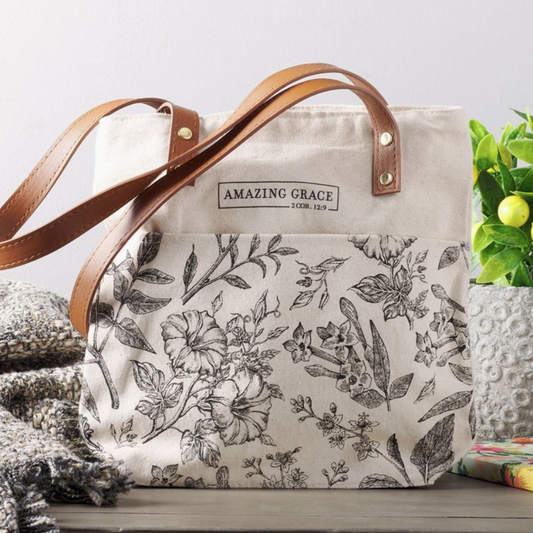 Amazing Grace 2 Cor. 12:9 Bible Tote Canvas Cream/Brown