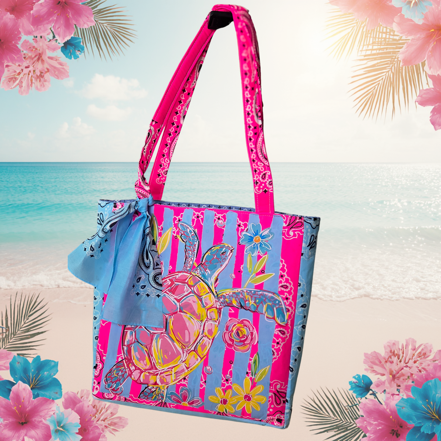 Summer Sea Turtle Floral Bandana Tote Bag