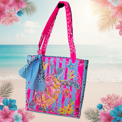 Summer Sea Turtle Floral Bandana Tote Bag