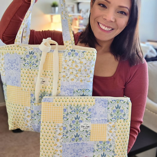 Yellow Spring Tote Bag with Coordinating Zippered Pouch