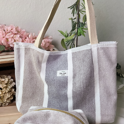 Stripes Premium Luxury Beach Towel Tote Bag & Makeup Bag SET