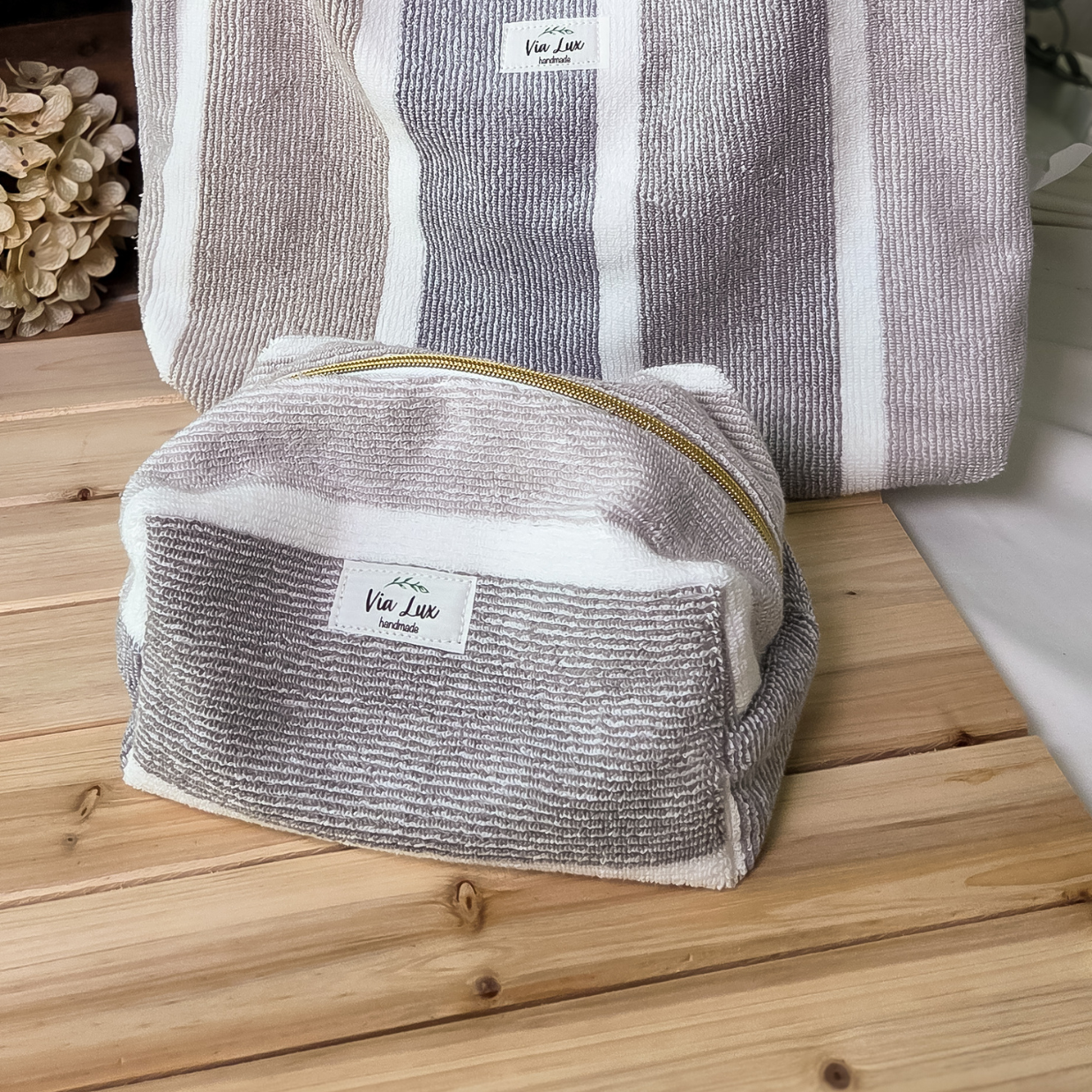 Stripes Premium Luxury Beach Towel Tote Bag & Makeup Bag SET