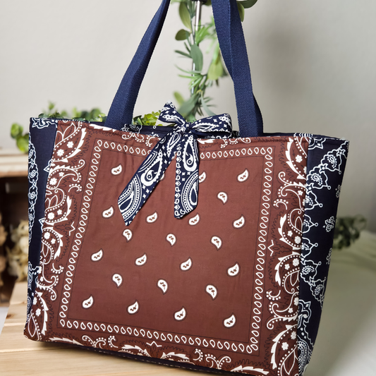 Brown & Navy Blue Bandana Tote Bag