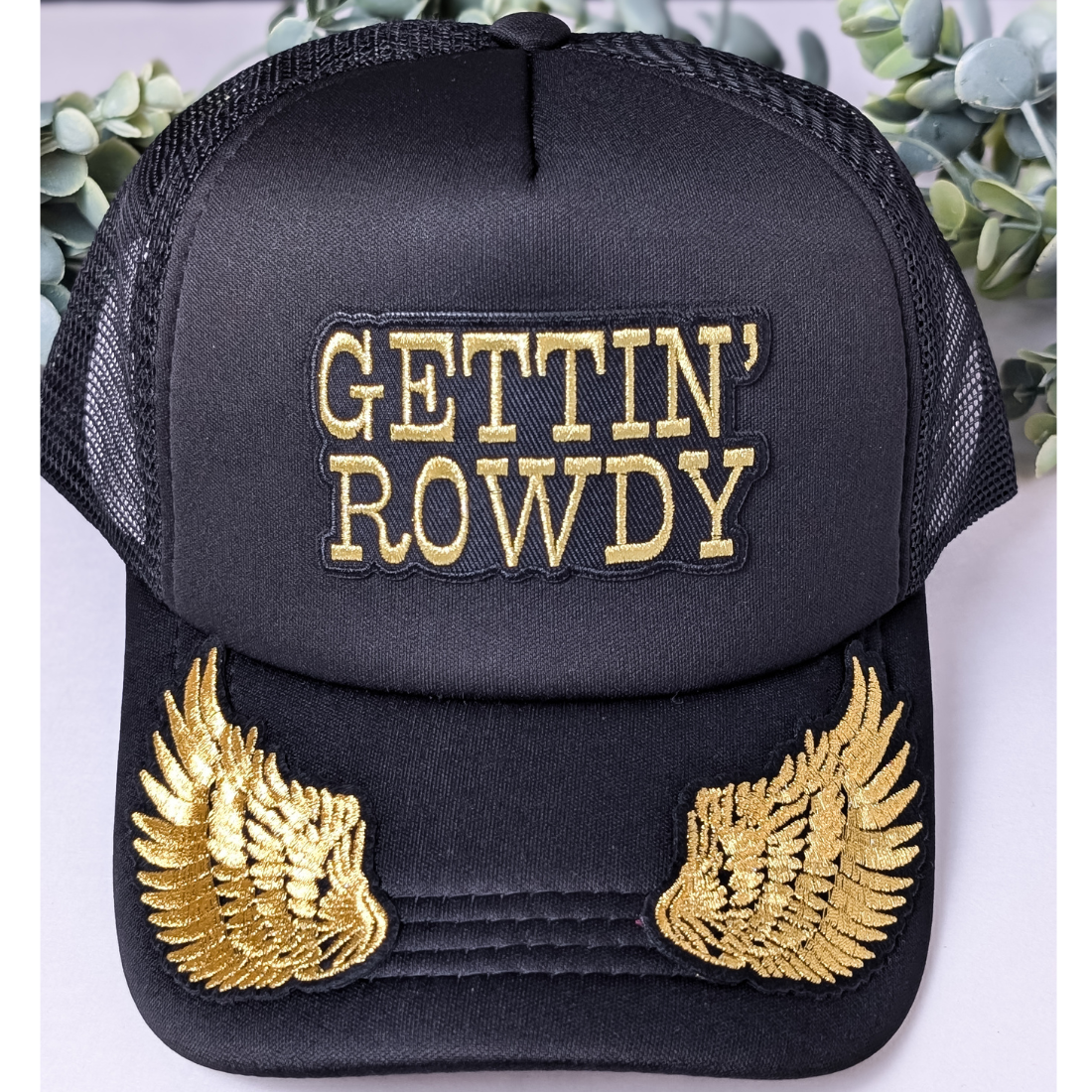 Gettin' Rowdy Gold Patched Mesh Trucker Hat