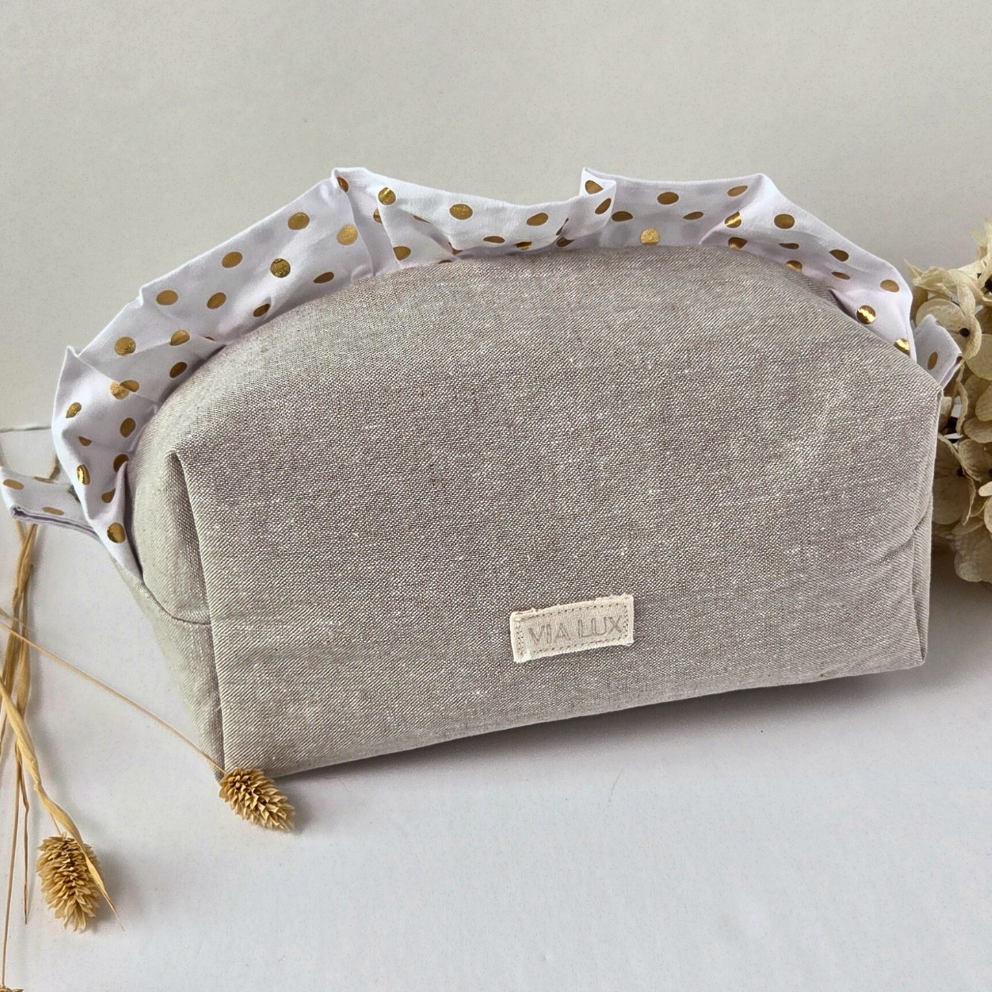 Gold Polka Dot Ruffled Neutral Beige Cosmetic-Makeup Bag
