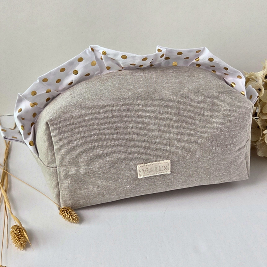 Gold Polka Dot Ruffled Neutral Beige Cosmetic-Makeup Bag