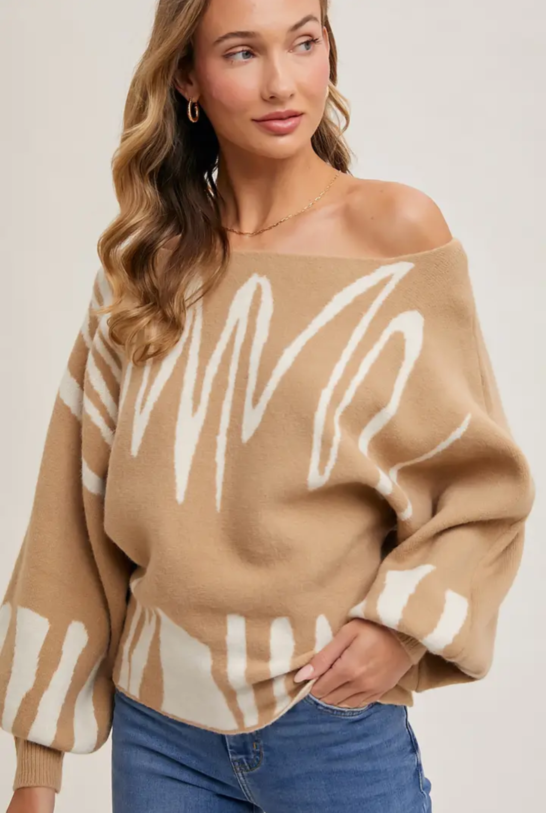 Off Shoulder Knit Sweater Abstract Print