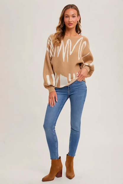 Off Shoulder Knit Sweater Abstract Print