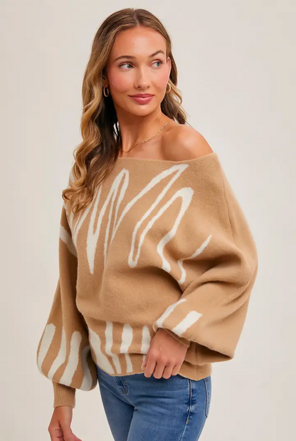 Off Shoulder Knit Sweater Abstract Print