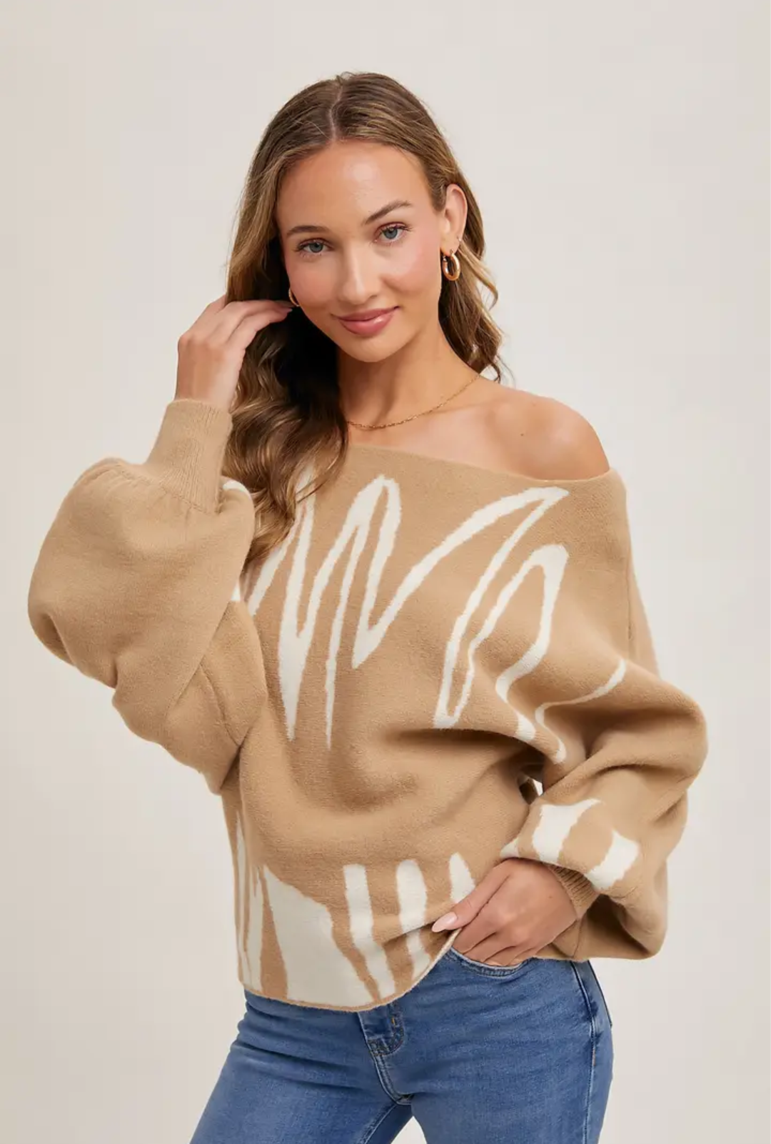 Off Shoulder Knit Sweater Abstract Print