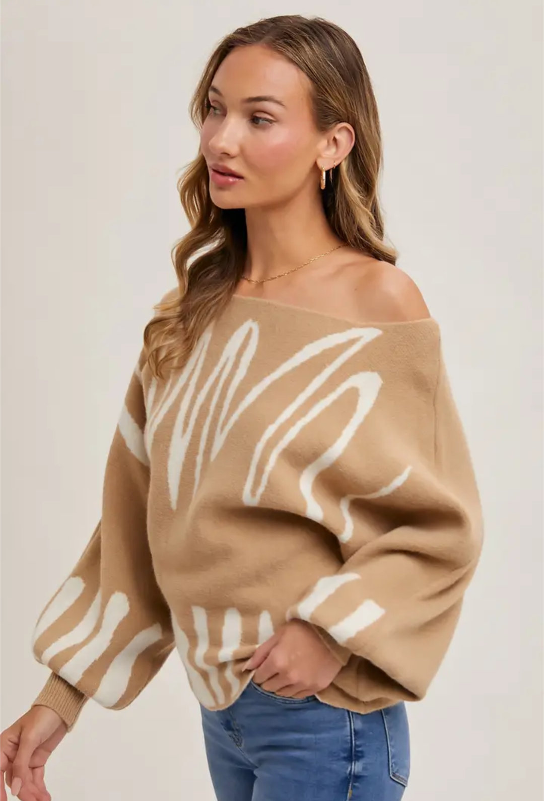 Off Shoulder Knit Sweater Abstract Print