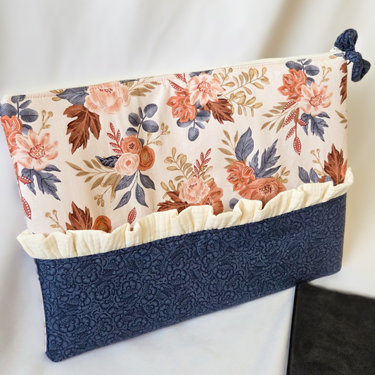 Floral Blue and Beige Ruffle Laptop Sleeve Case