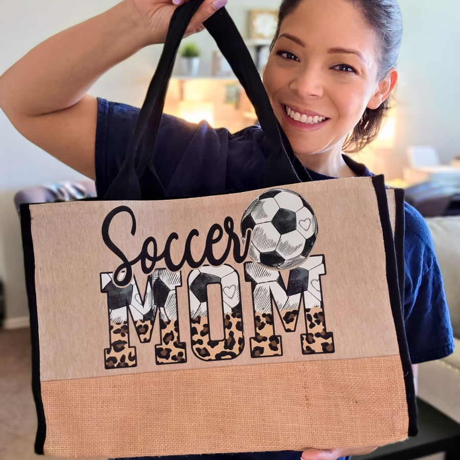 Soccer Mom-Animal Print Design-Trim Jute Tote Bag