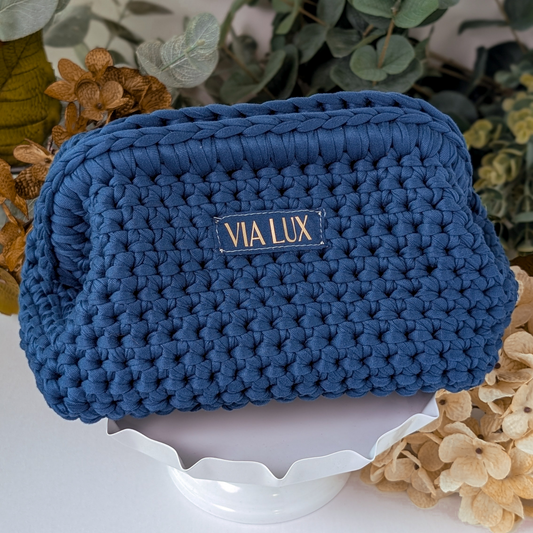 Denim Blue Crochet Cosmetic Bag