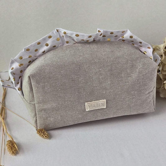 Gold Polka Dot Ruffled Neutral Beige Cosmetic-Makeup Bag