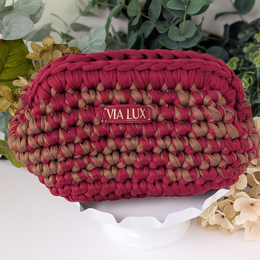 Burgundy and Mocha Crochet Cosmetic Bag